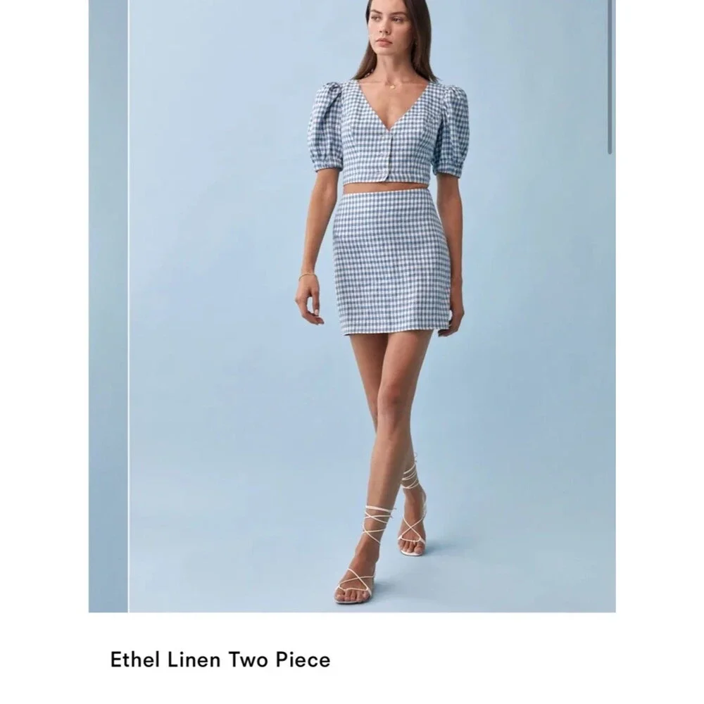 Reformation Ethel Two Piece Set Blue Gingham Mini Skirt Puff sleeve crop top 12